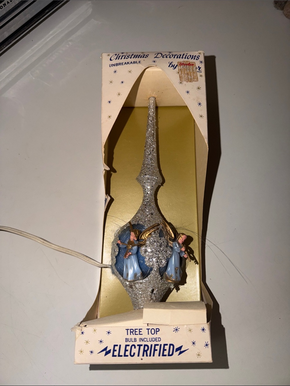 Vintage 12" Jewel Brite Lighted Angel Hair Tree Topper MCM Christmas in Box